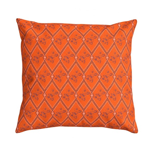 Coussin carré HINDI orange, motif floral et géométrique dessiné à la main