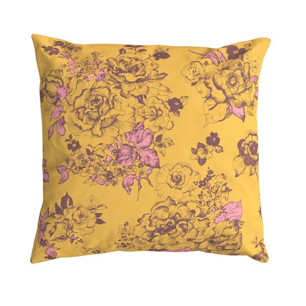 Coussin carré AIMI jaune, motif floral dessiné à la main