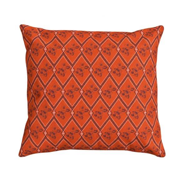 Coussin carré HINDI orange, motif floral et géométrique dessiné à la main