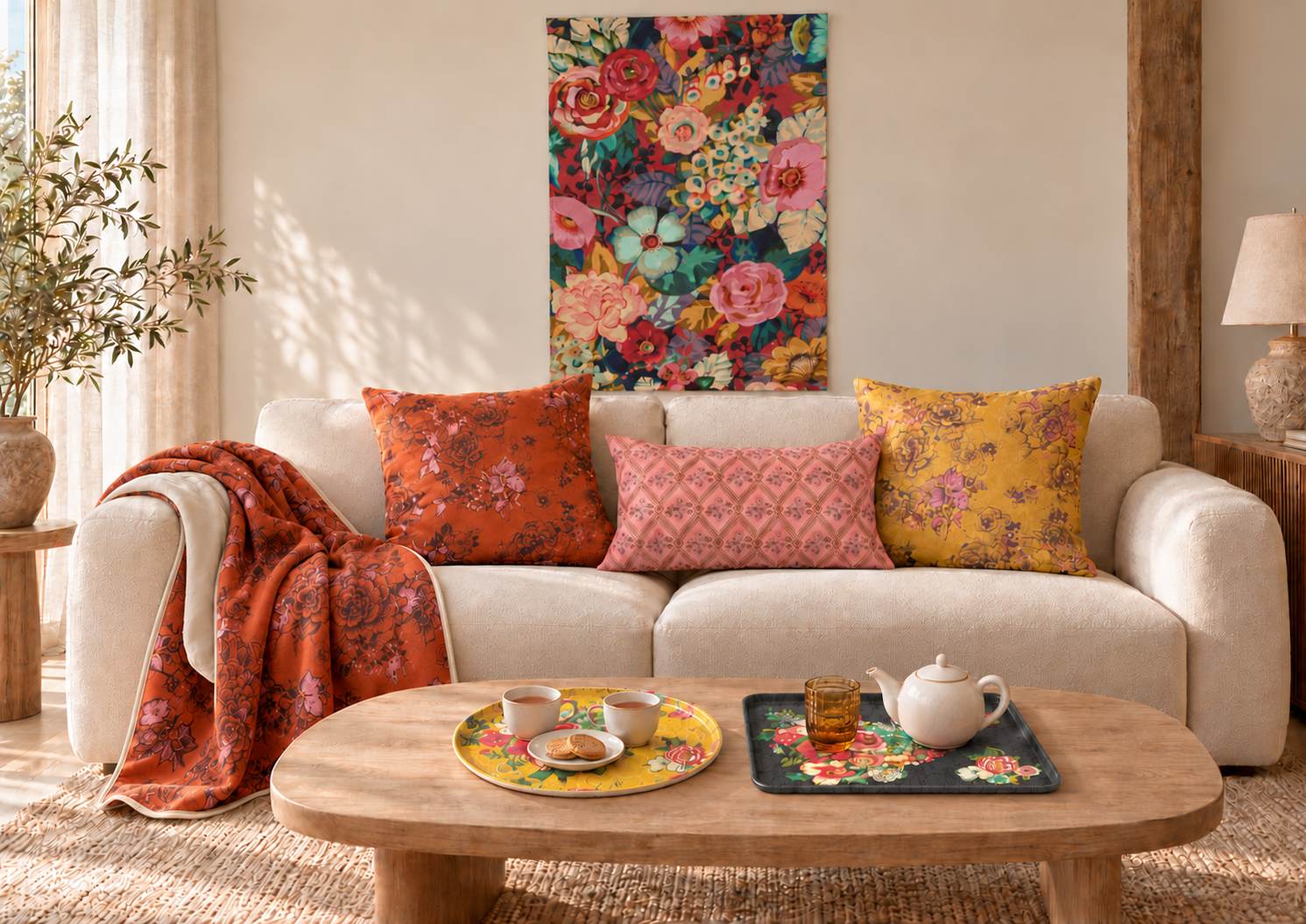 Coussins, plaid et tenture murale de la collection automne-hiver 2026/27 Vent de bohème dans un salon